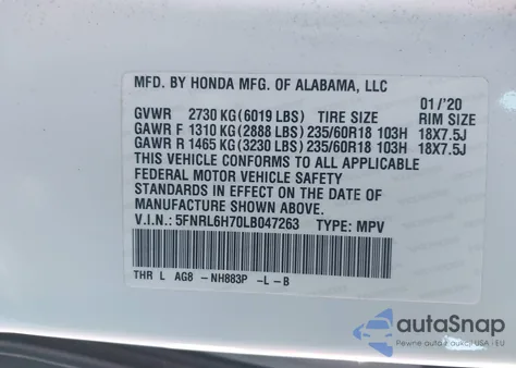 2020 Honda Odyssey Ex-L/Ex-L W/Navi Res z USA, uszkodzony, nr VIN 5FNRL6H70LB047263